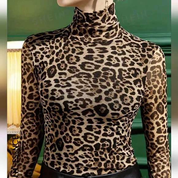 Women's Leopard Print Semi-Sheer Turtleneck Top Large - Picture 1 of 8